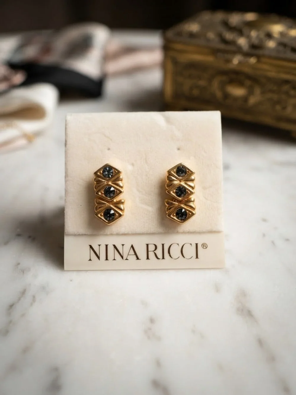 Nina Ricci Gold and Black Stacked Stud Earrings